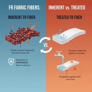 A diagram showing the difference between inherent and treated FR fabric fibers