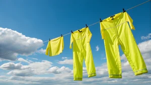 Yellow coveralls and shirt hanging on a clothesline under a clear blue sky.
