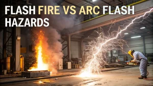 Industrial setting showing flash fire and arc flash hazards with worker.