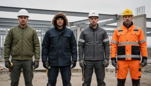 Four construction workers standing side-by-side, each wearing a different type of jacket: bomber, parka, softshell, and FR.