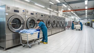 Workers operating large industrial washing machines in a clean facility.