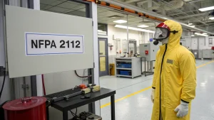 Person in protective gear in laboratory with NFPA 2112 sign visible.