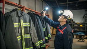 Safety manager inspects fire-resistant jackets in a warehouse setting, ensuring quality and safety standards are met.