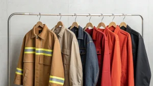 Assorted flame retardant jackets on hangers showcasing safety gear.